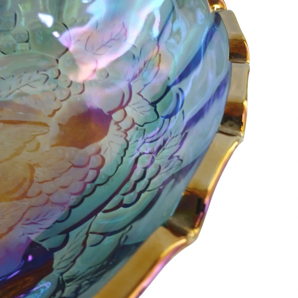 Vintage Iridescent Carnival Glass Bowl Gold Rim Decorative Footed Fruit Bowl